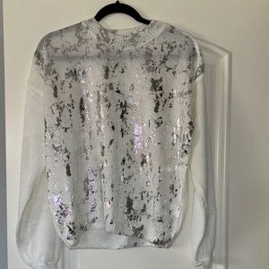 White Sequin Accent Crewneck Sweater - Women